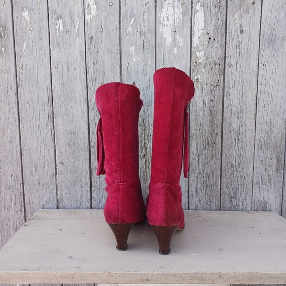 Vtg 70s Red Suede Western Cowgirl Boots Women's Size 8M High Heel Fringe Boho - Picture 5 of 8